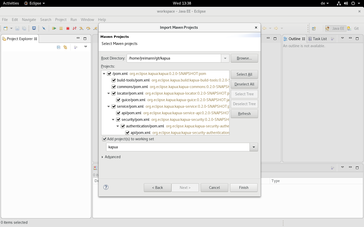 Screenshot of the maven import dialog